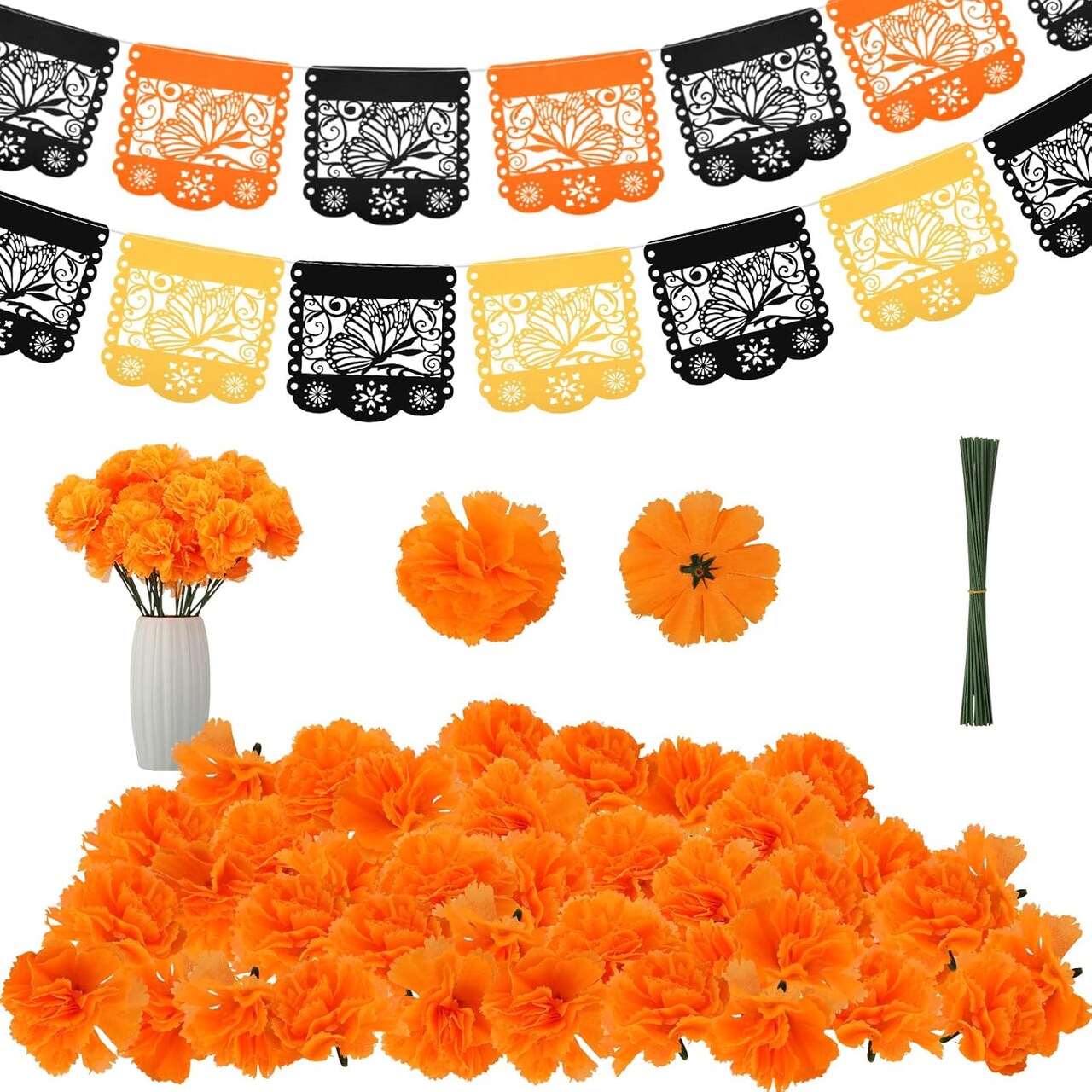 52 Pieces Day of the Dead Decorations Set (Mainly Orange, Black, Yellow)